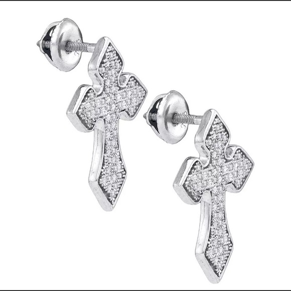 Sterling Silver Mens Diamond Cross Earring 1/5CTW - Picture 1 of 1